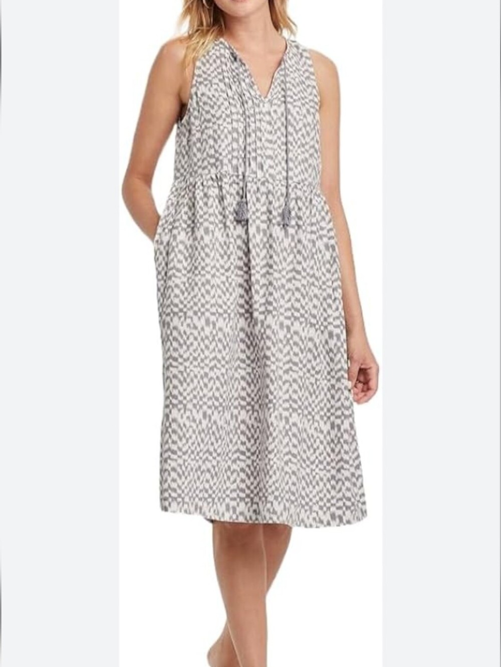 Universal Thread Linen Blend Sleeveless Grey Patterned Tie-Front Midi Dress